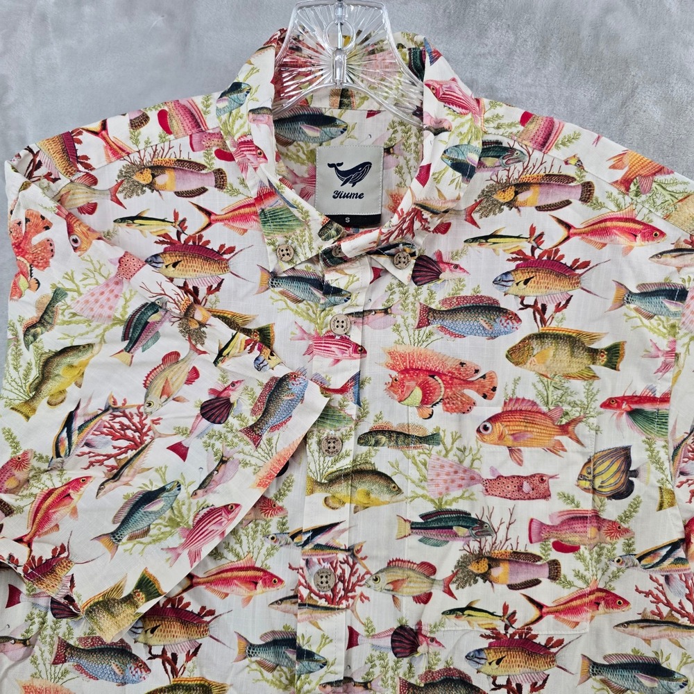 Yiume Fish Print Button Down Shirt Mens Small White Tropical Coral Short Sleeve